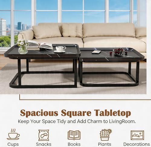 Nesting Coffee Table Set of 2 – Square Small Coffee Tables for Living Room, Bedroom, Balcony, Versatile End Table Set,Space Saving Mid Century Modern Nesting Coffee Tables Stackable, - color: Black