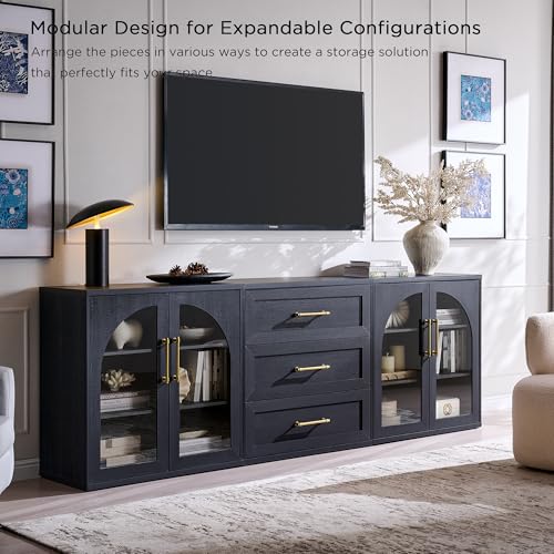 Glass Arched Door Sideboard Buffet Cabinet Set of 2, Black | Modular, Multi-Compartment Storage, Adjustable Shelf, Soft Close Hinges, Freestanding, for Dining Room, Living Room - color: Black