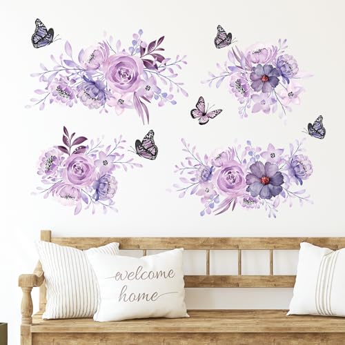 Zonon 6 Pcs Flowers Wall Decals Stickers Vinyl Removable Peel and Stick Colorful Dragonflies Floral Wall Murals Decor for Bedroom Living Room Nursery(Flower and Butterfly) - style: Flower and Butterfly