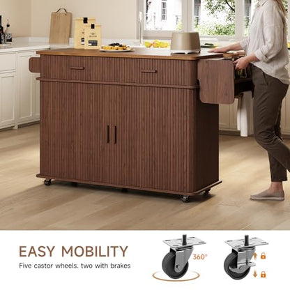 56" Kitchen Island on Wheels with Drop Leaf Countertop, Walnut | Large Mobile Island Table with 2 Drawers and Spice Rack and Tower Rack, Mid-Century Modern Island Cart w/ Storage for Kitchen - color: Walnut