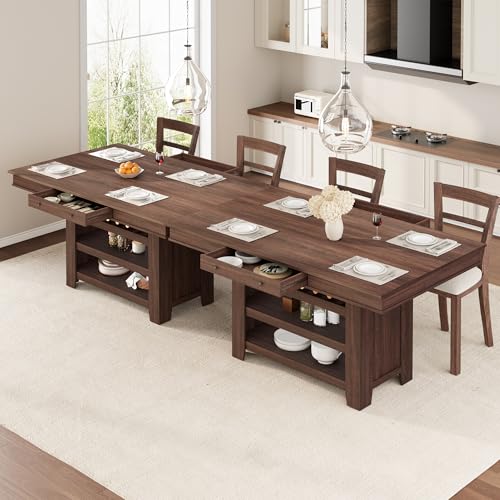 Farmhouse Dining Counter Height Table with Wine Rack & 3 Shelves, 36" Wooden Tall Dining Table with 2 Drawers, Thick Frame Counter Height Kitchen Table for Bar & Entertaining, Retro Brown - color: Retro Brown