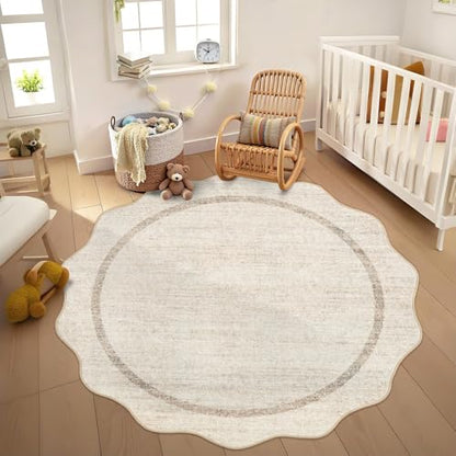 GarveeHome Scalloped Washable Small Round Rug 3 ft Non-Slip，Beige | Round Area Rugs, Nursery Rug, Soft Solid Beige Circle Low Pile Stain Resistant Carpet for Bedroom Entryway Kitchen Bathroom - color: Beige, size: 3' x 3' (Round)