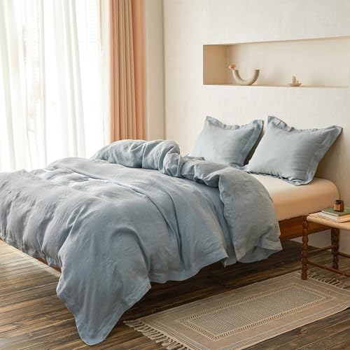 Simple&Opulence 100% Linen Duvet Cover Set with Crossed Embroidery Washed - 3 Pieces (1 Duvet Cover with 2 Pillow Shams) Soft Breathable Farmhouse - Dusty Blue, Queen Size - color: Crossed-dusty Blue, size: Queen