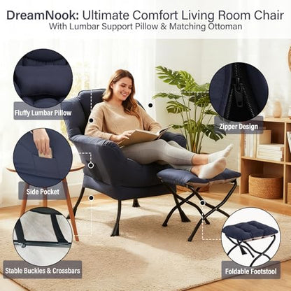 Lazy Chair with Ottoman, Reading Chair with Lumbar Pillow，Navy | Comfy Accent Lounge Chair with Pillow & folding Foot Stool, sturdy metal frame for bedroom, dorm or apartment, Living Room - color: Navy Blue