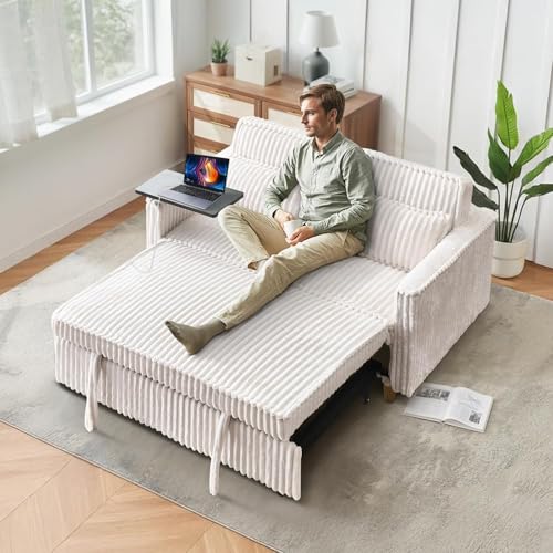 anwickjeff 54'' Corduroy 3-in-1 Convertible Sofa Bed, Pull Out Sleeper Loveseat Couch with USB Ports & Storage Pockets, Futon Couches for Small Space, Living Room, Apartment (Beige New) - color: Beige New