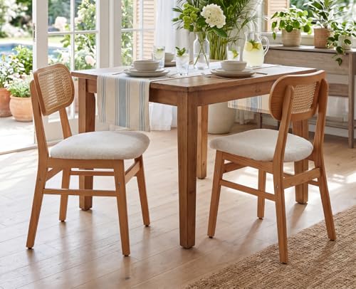 EALSON Rattan Dining Chairs Set of 2 Curved Back Farmhouse Dining Room Chairs Mid Century Modern Wood Kitchen Chairs Sherpa Upholstered Armless Side Chairs for Dining Room/Kitchen, Cream - color: Fur Cream, size: 2PCS