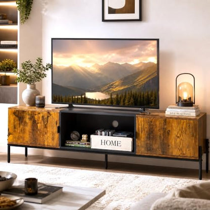 WLIVE 58" TV Stand for 65 Inch TVs, Mid Century Modern Entertainment Center with 2 Storage Cabinets & Open Shelf, Media Console Table with Metal Legs for Living Room, Bedroom, Rustic Brown - color: Rustic Brown