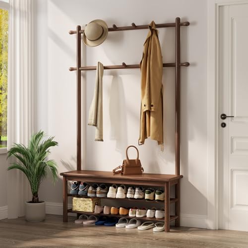 AQIMUELE Coat Rack with Shoe Storage, Wooden Hall Tree with Bench, 11 Hooks and 2-Tier Storage Shelves, 3-in-1, Entryway Bench with Coat Rack (39.3"-Walnut) - color: Walnut, size: 39.3"
