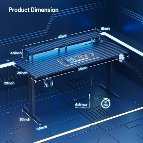 HLDIRECT 55 Inch Gaming Desk with LED Lights & Cable Management, Black | Ergonomic carbon fiber gaming computer desk with 5 sockets, monitor stand, cup holder, headphone hook & mouse pad for gamers - size: 55INCH