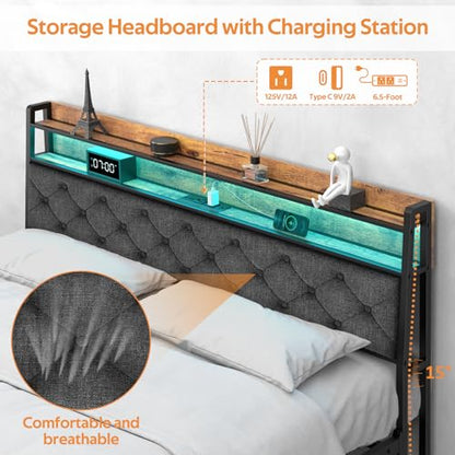 Winkalon Full Bed Frame with Ergonomic Headboard, Platform Bed Frame with RGB Lights, Outlets & Charger, Fast Assembly Bed Full Size, Modern Wood Upholstered Headboard,Gray - size: Full