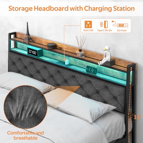 Winkalon Queen Bed Frame with Ergonomic Headboard, Platform Bed Frame with RGB Lights, Outlets & Charger, Fast Assembly Bed Queen Size, Modern Wood Upholstered Headboard,Gray - size: Queen