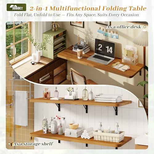Dogsky 48" x 16" Floating Wall Desk, Fold Down Wall Table - 300 lbs Heavy Duty Solid Pine Wall Mount Folding Desk for Home Office, Laundry Room, Kitchen & Small Apartment, Burning Yellow - color: Burning Yellow, size: 48'' x 15.7'' x 8.3''