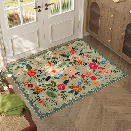Rugcomf Door Mat Indoor Entrance 2x3 Rug Machine Washable Boho Floral Small Area Rug Non-Slip Low Pile Throw Rugs for Entryway, Kitchen, Front Door Indoor Entrance, Entry, Kids Room (Green) - color: Green, size: 2' x 3' (Rectangular)