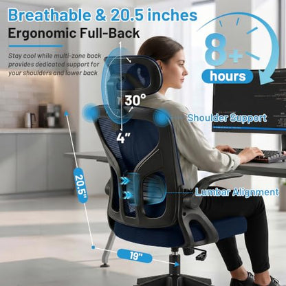 Office Chair Ergonomic Desk Chair with Adjustable Headrest Lumbar Support, High Back Breathable Mesh Chair with 120° Tilt & Flip-Up Armrests, Swivel Comfy Task Computer Chair for Work, Study - color: Navy