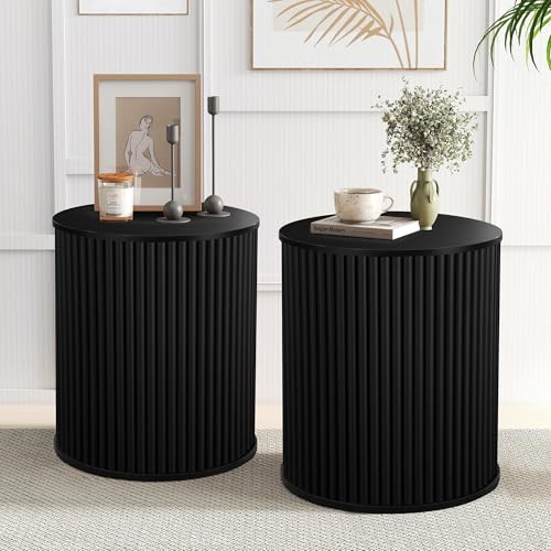 Round Fluted Side Table Set of 2, 15.7" Mid-Century Modern End Table with Storage, Wooden Bedside Table Round Nightstand Small Circle Sofa Accent Table for Living Room, Bedroom (Black) - color: Black, size: 15.7"D x 15.7"W x 17.7"H