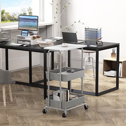 Simple Houseware 2-Tier Rolling Utility Cart Wood Top/Lockable Wheel, White | Metal Storage Organizer Trolley for Kitchen, Bathroom, Office, Craft Room - color: White
