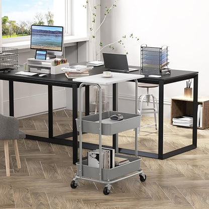 Simple Houseware 2-Tier Rolling Utility Cart Wood Top/Lockable Wheel, White | Metal Storage Organizer Trolley for Kitchen, Bathroom, Office, Craft Room - color: White