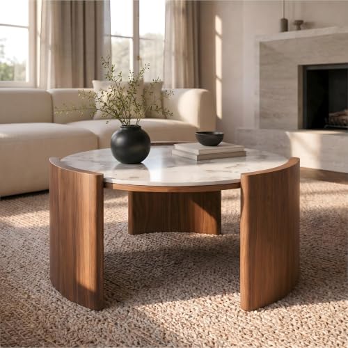 KEIKI 31.5" Round Sintered Stone Coffee Table, Pandora Marble Look Center Table with Thick Slab Legs, Modern Circular Cocktail Table for Living Room, Apartment, Walnut Pandora Marble - color: Walnut Pandora Marble