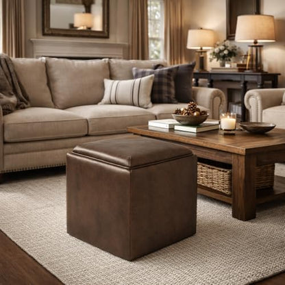 HomePop 17.5" Storage Ottoman with Tray Top - Brown Faux Leather - color: Brown Faux Leather