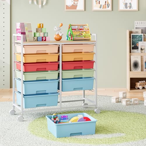 TOOLF 12 Drawers Rolling Storage Cart with Wooden Top for Classroom,Rainbow | Teacher Cart Craft Art Supply Organizer, Utility Cart with Lockable Wheels for Home Household Essentials, Office Organization - color: Rainbow