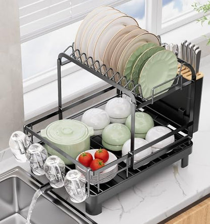 Runnatal 2-Tier Dish Drying Rack, Large Dish Drainers for Kitchen Counter | Anti-Rust Dish Rack with Drainboard, Utensil Holder, Extra Cup Holder, Black - color: Black, size: 2-Tier