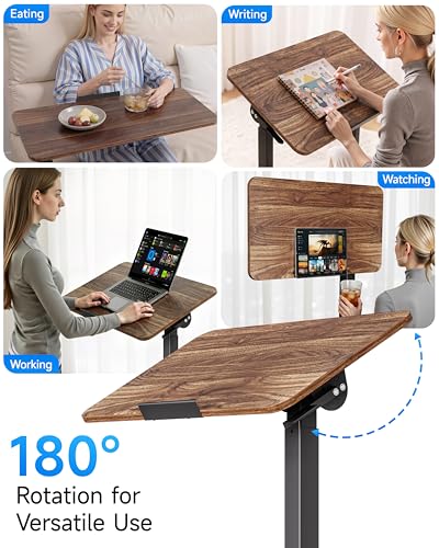 BIZUM Mobile Standing Desk Laptop Desk Pneumatic with Wheels 180° Tilt Top Hospital Bed Table Portable Rolling Cart Foldable Bedside Table for Hospital&Home Use, Walnut - color: Walnut