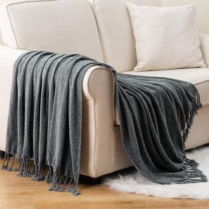 BATTILO HOME Dark Gray Chenille Throw Blanket for Couch, Soft Cozy Textured Knit Throw Blanket with Handmade Fringe Tassels, Lightweight Decorative Farmhouse Blanket for Sofa Bed Chair, 50"x60" | Soft Chenille Knit with Handmade Fringe Tassels, Lightweigh