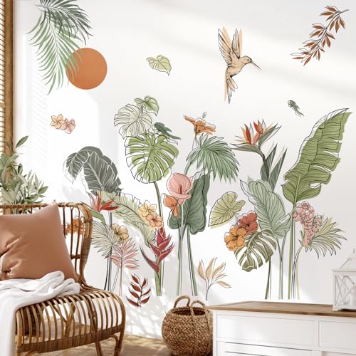 decalmile Boho Tropical Leaves Flower Plants Sun Wall Decals Stickers - color: B