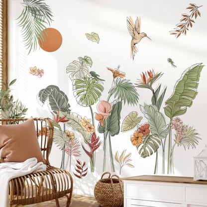 decalmile Boho Tropical Leaves Flower Plants Sun Wall Decals Stickers - color: B