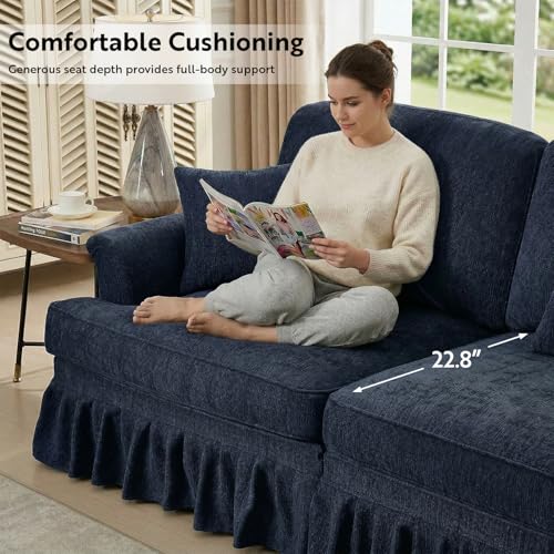 Modular Loveseat Sofa Couch, 2 Seat Comfy Chenille Sofa with Removable Ruffled Skirt, Flared Armrests, Sturdy Legs, Convertible Sectional for Living Room, Bedroom, Apartment (Blue) - color: Blue, size: 76.4 Inch L