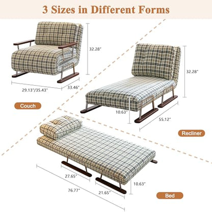 JASIWAY Single 3 in 1 Convertible Sofa Bed Chair with Adjustable Backrest, Checkered Fold Out Chair Bed with Pillow Fits for Small Space, Living Room, Bedroom, Ergonomic Comfort, Chestnut Brown