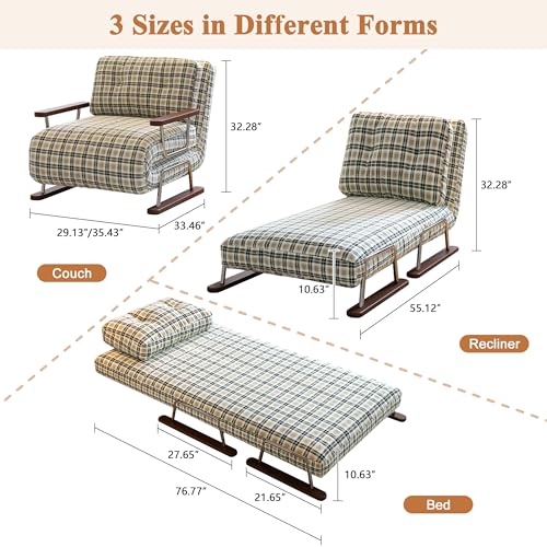 JASIWAY Single 3 in 1 Convertible Sofa Bed Chair with Adjustable Backrest, Checkered Fold Out Chair Bed with Pillow Fits for Small Space, Living Room, Bedroom, Ergonomic Comfort, Chestnut Brown