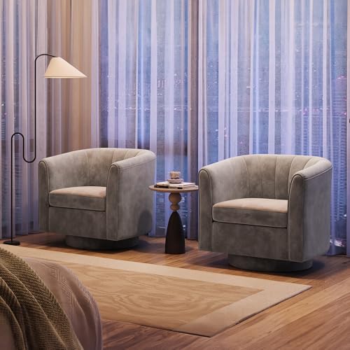 LINSY Swivel Accent Chair with Ottoman: Small Velvet Barrel Chair 360 Swivel Modern Armchair, Upholstered Reading Chair with Footrest for Living Room Bedroom Study Room (Grey) - color: Grey, size: Small