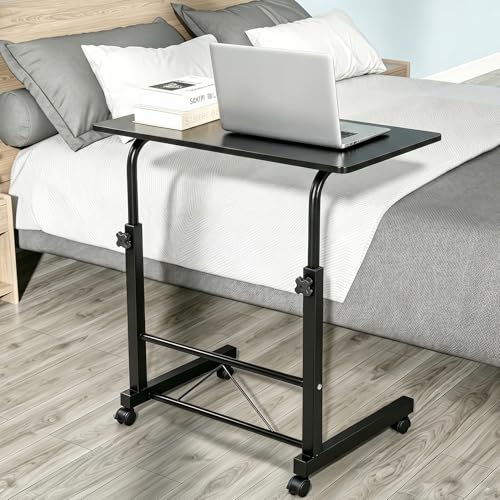 Sofa Side Table C Shaped End Table with Wheels, Black Rolling Bedside Laptop Table Snack Table TV Tray, Height Adjustable, Wooden Top & Metal Frame - color: Black, 31.5"-style 2
