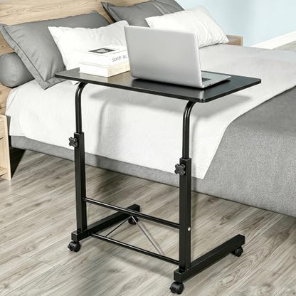 Sofa Side Table C Shaped End Table with Wheels, Black Rolling Bedside Laptop Table Snack Table TV Tray, Height Adjustable, Wooden Top & Metal Frame - color: Black, 31.5"-style 2