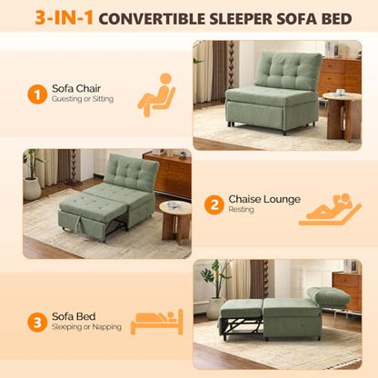 VINGLI Convertible Sofa Bed Tufted Teddy Fleece Sleeper Chair Bed Couch Armless Living Room Chairs with Adjustable Backrest Pull Out Couch Bed for Small Spaces - color: Light Green