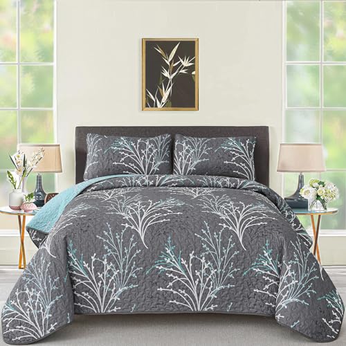 DJY Blue and Grey Reversible Comforter Set with Quilt Set Branch Flroal Pattern Bedding Set