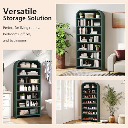 LEVNARY 70" Tall Arched Bookcase, 7-Tier Freestanding Storage Cabinet with Adjustable Shelves, Thick MDF Bookshelf for Bathroom Living Room Bedroom (Green) - color: Green