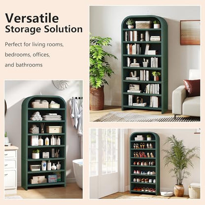 LEVNARY 70" Tall Arched Bookcase, 7-Tier Freestanding Storage Cabinet with Adjustable Shelves, Thick MDF Bookshelf for Bathroom Living Room Bedroom (Green) - color: Green