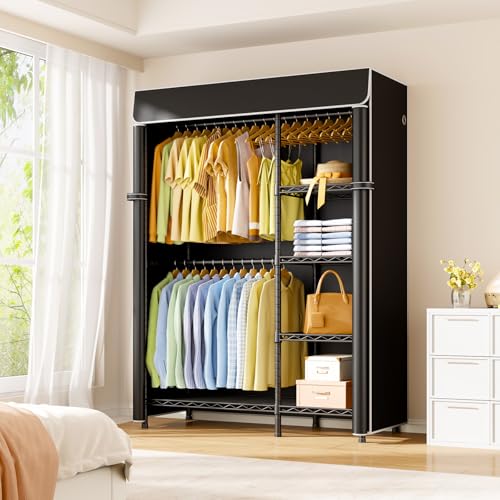 F2C Clothes Rack with Cover, Black Clothing Racks Heavy Duty | Garment Rack with Shelves for Hanging Clothes, Metal Portable Closet System, 47.2"W x 16.5"D x 78.3"H, Load 630lbs - color: Black Closet with Black Cover