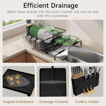 Runnatal Dish Drying Rack - Expandable Large Dish Rack Over Sink | Drying Dish Drainer for Kitchen Counter, Stainless Steel Dish Strainer with Utensil Holder & Cup Holder, Black - color: Black