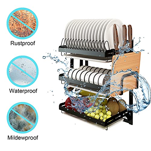 Wall Mounted Stainless Steel Dish Drying Rack Fruit Vegetable Storage Basket with Drainboard and Hanging Chopsticks Cage Knife Holder Kitchen Supplies Shelf Utensils Organizer (3-Tier) - color: 3-tier Dish Rack