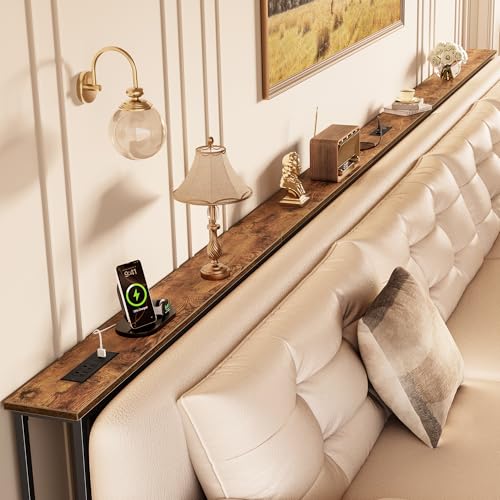 Huuger 157.5 Inch Sofa Table with Power Outlets, Skinny Behind Couch Table | 5.9 Inch Narrow Entryway Table, Extra-Long Console Table, Behind the Couch Table with Outlet for Living Room, Rustic Brown - color: Rustic Brown, size: 5.9''D × 157.5''W × 29.7''