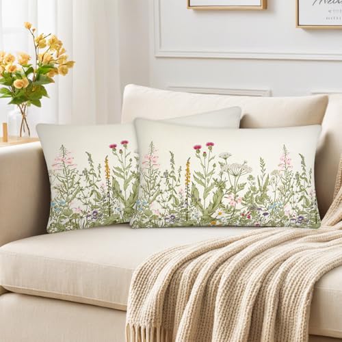 Spring Pillow Covers 12X20 Set of 2, Green Floral Lumbar Throw Pillows | Botanical Rectangle Accent Square Soft Decorative Throw Pillows for Couch Living Room Sofa Bedroom - color: Wild Flowers, size: 20" x 12" (Pack of 2)