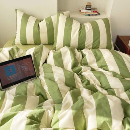 LifeTB Sage Green and White Striped Duvet Cover Set Twin, 100% Washed Microfiber Soft Breathable Striped Bedding Set, 3 Pieces Retro Stripes Pattern Printed Comforter Cover with 2 Pillowcases - color: 09# Sage Green Striped, size: Twin(68"x86")