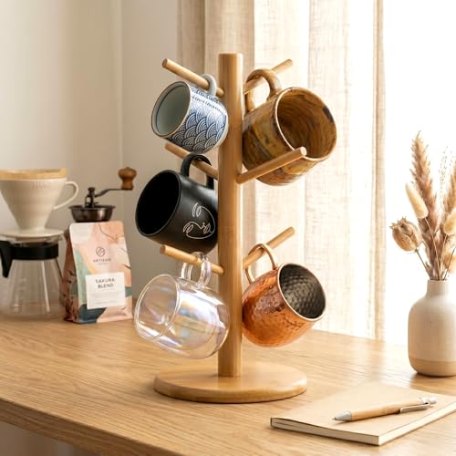 Bamboo Coffee Mug Tree with 6 Hooks, Coffee Cup Holder for Countertop | Decorative Bamboo Mug Holder with 6 Hooks, Non-Slip Wooden Base, Easy-Access Mug Rack for Kitchen Coffee Bars Kitchen - color: Natural
