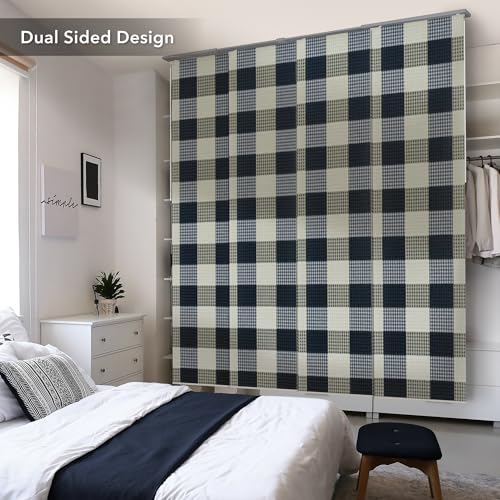 Panel Blinds 45.8"-86" x 96", Classic Navy Gingham Plaid | Natural Woven Navy Gingham Fabric with Adjustable Track, Trimmable Panels for Room Dividers and Sliding Doors - color: Navy Gingham