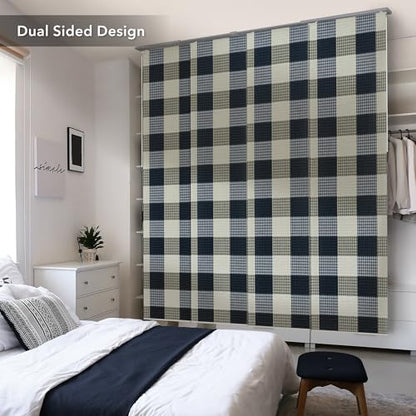Panel Blinds 45.8"-86" x 96", Classic Navy Gingham Plaid | Natural Woven Navy Gingham Fabric with Adjustable Track, Trimmable Panels for Room Dividers and Sliding Doors - color: Navy Gingham