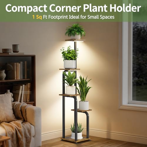 LASZOLA Plant Stand Shelf Tall for Indoor Corner with Lights, 5 Tier Brown | Modern Multiple Flower Display Rack with Wooden Tray, Metal Vertical Planter Holder for Living Room Bedroom Patio Garden - color: Classic Brown with Lights, size: 5 Tier