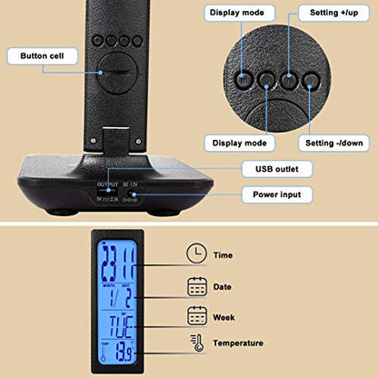 LED Desk Lamp with Wireless Charger, Suitable for Home, Office Dimmable, with USB Charging Port, Built-in Clock, Calendar, Thermometer and Automatic Timing Reading Desk Lamp. - color: Black